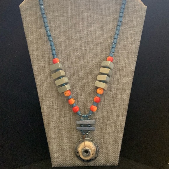 Artsy Boho Handmade Necklace 23” Wood Stone Wire Hook Clasp - Picture 1 of 5